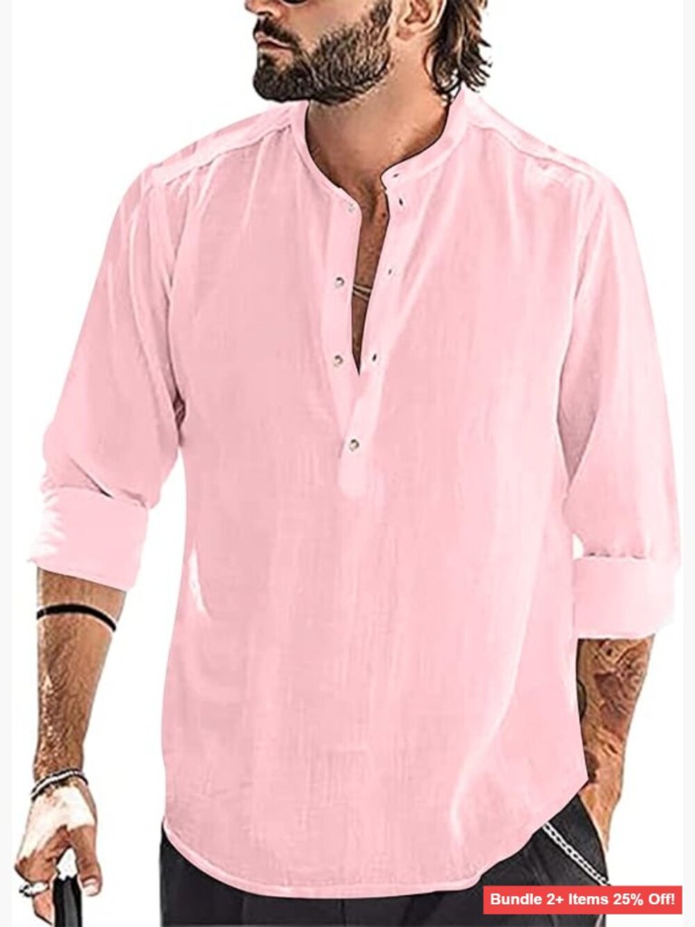 Men's Long Sleeve Henley Shirt Cotton Linen Regular Fit Button Up Casual